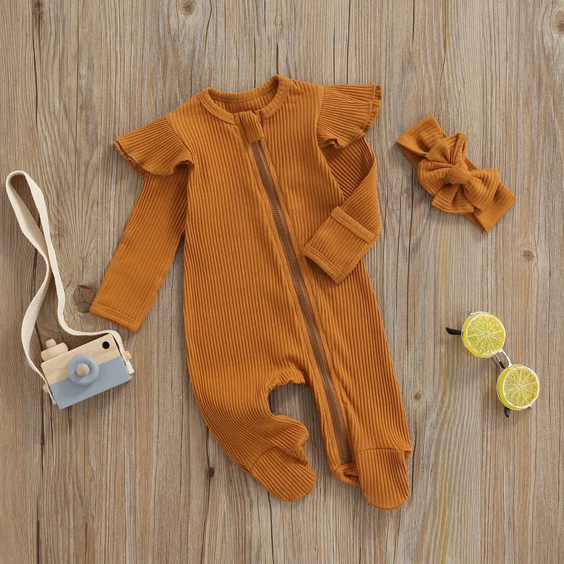 2Pcs Unisex Baby Fall Set Solid Color Ribbed Long Sleeves Zip-Up Footed Romper + Hairband for Girls Boys 0-6 Months