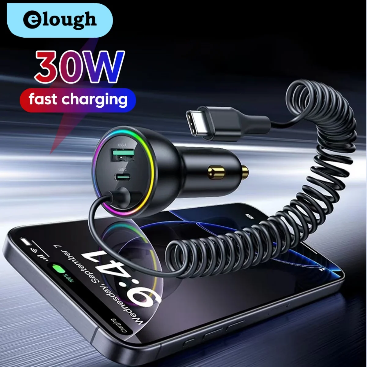 Elough 30W USB C Car Charger With Spring Charging Cable Fast Charging Type C Car Quick Charger Adapter For iPhone 16 Pro Xiaomi
