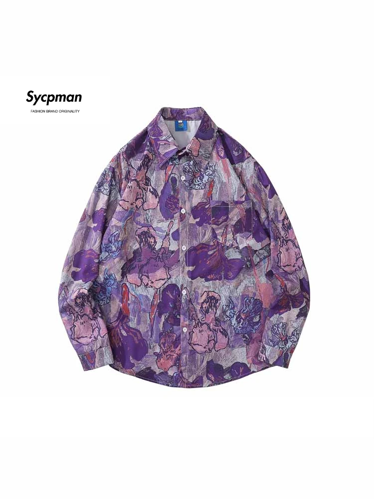 

Sycpman Japanese Vintage Oil Painting Graffiti Print Long Sleeve Shirt Couple Loose Shirts Men's Clothing Streetwear for Autumn