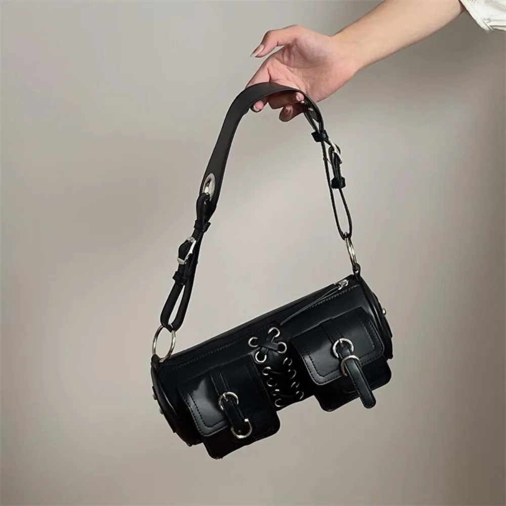 

Vintage Cylinder Underarm Bags Simple PU Leather Female Purse Y2K Style Bucket Shoulder Handbag Punk Strap Design bolsos