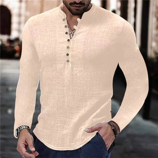 قميص رجالي كتان كاجوال بسيط برقبة على شكل حرف V صي...