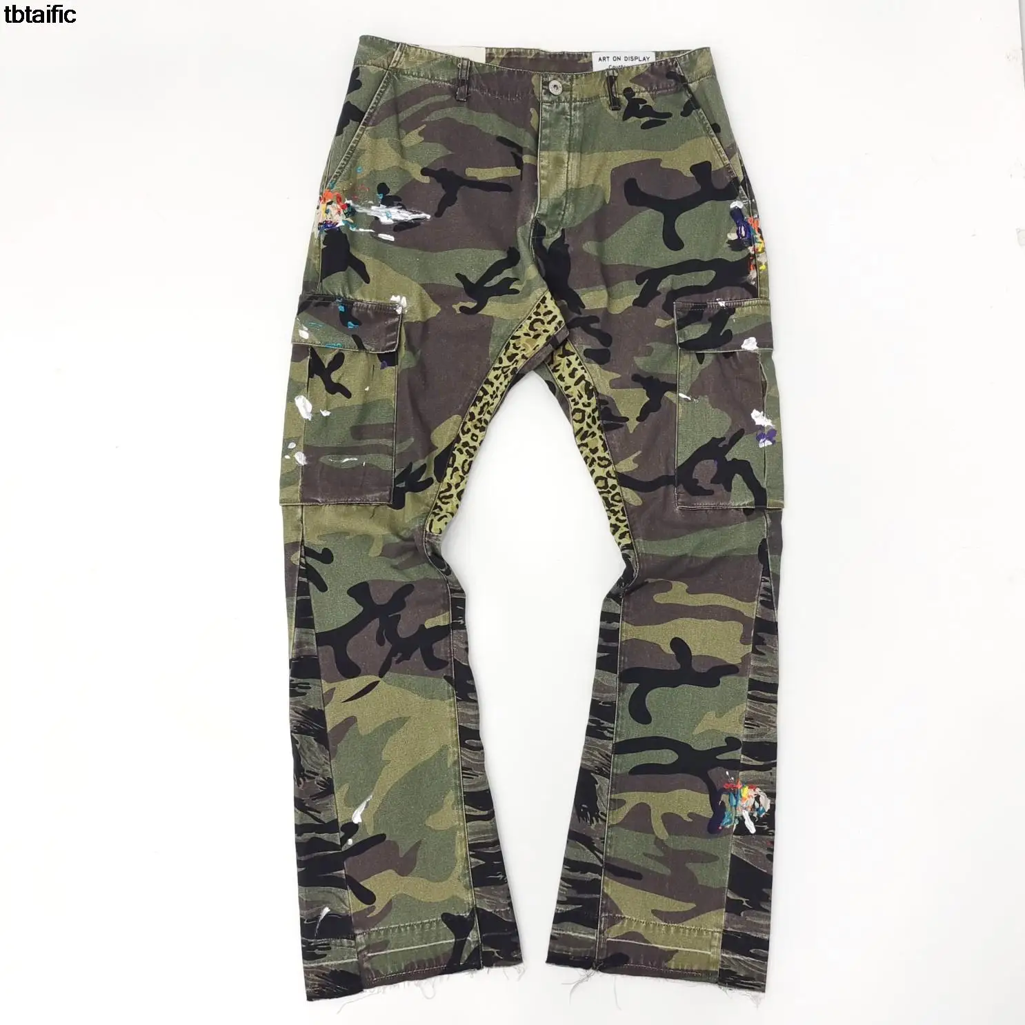 

Spring Army green Women's Trousers 2023 Men's Washde Splash Ink Graffiti Horn Retro Deconstructed Stitching Camouflage pants