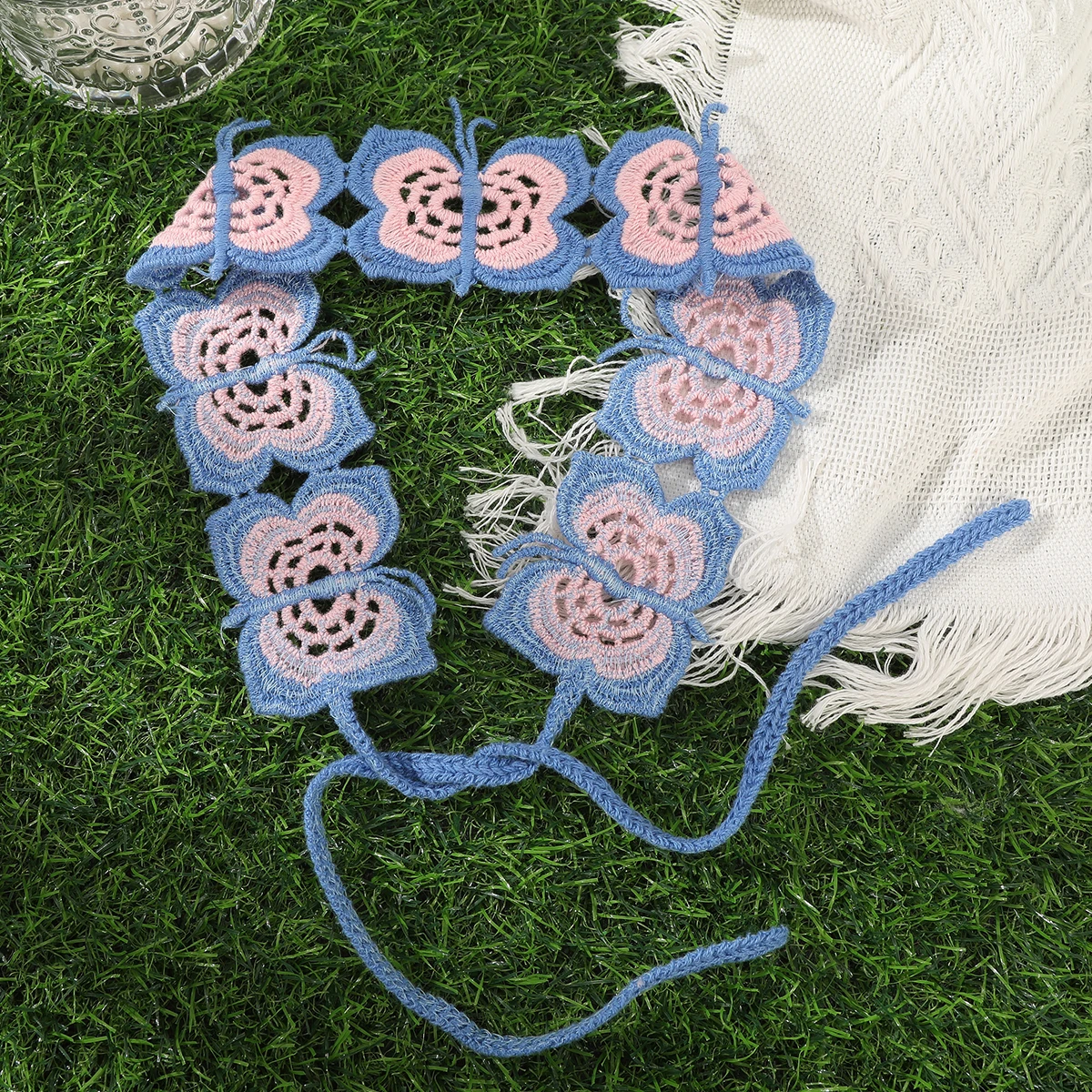 Knitted Butterfly Headband Blue Crochet Bandana Kerchief For Women Ladies Beach Pthoto Hair Bands Fashion Hair Accessories