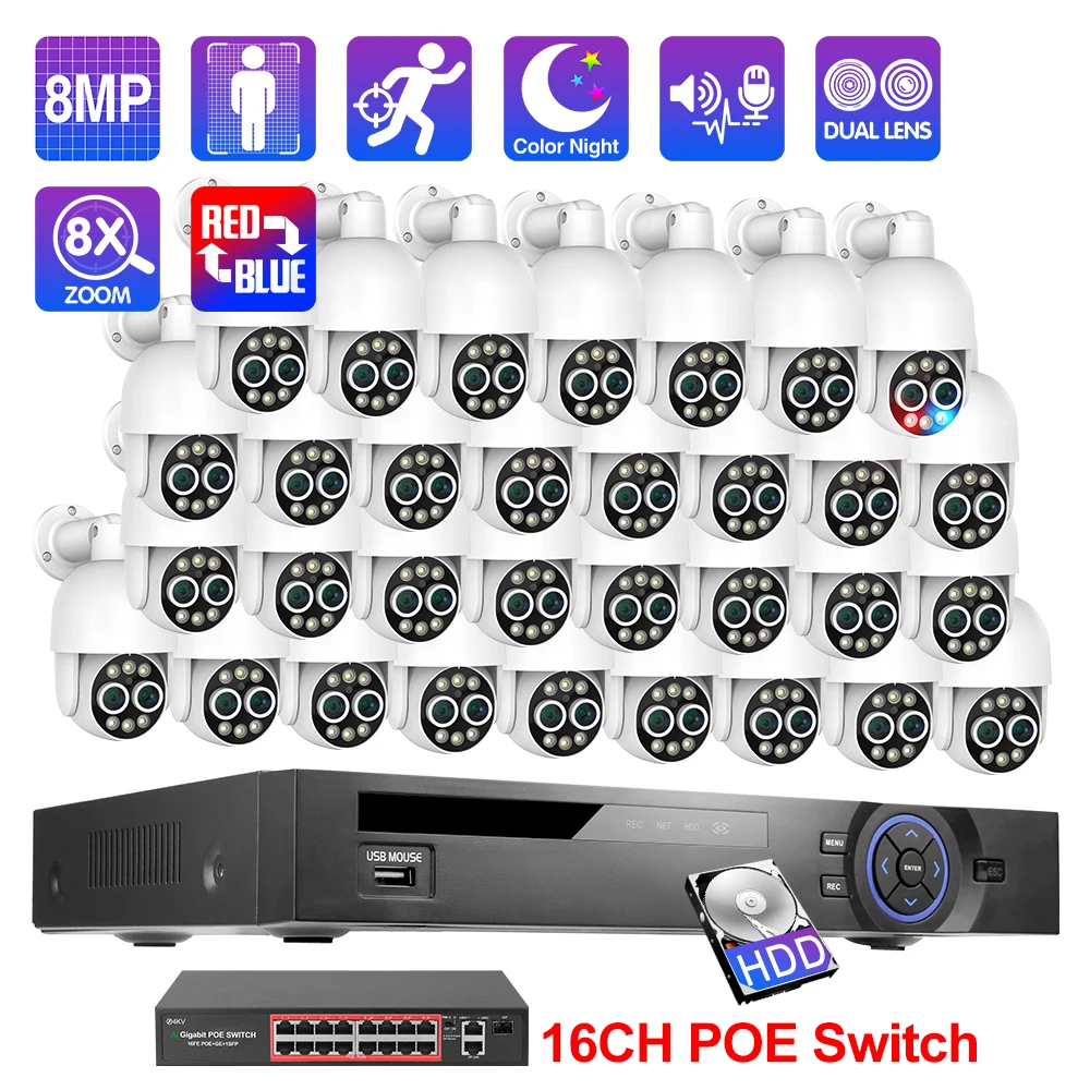 Techage 32CH CCTV 8MP PTZ Security Camera System 4MP 8X Mix Zoom POE NVR Two Way Audio Human Detect Video Surveillance Kit P2P