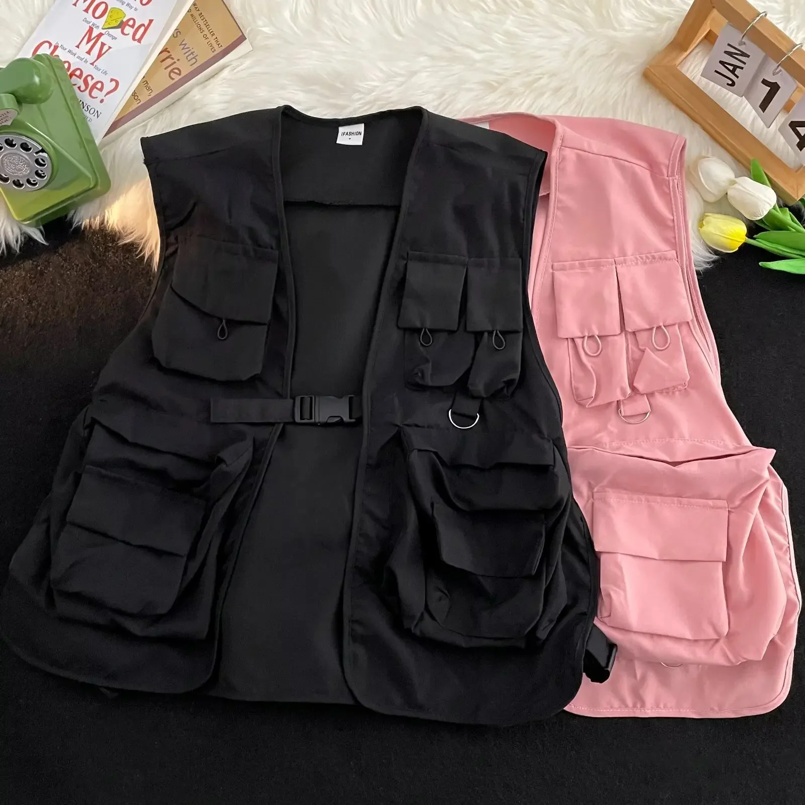 Versatile Shoulder Vest Jacket Summer Dance Streetwear Motorcycle Rider Vest For Men Casual Comfort Pink Red Acetate