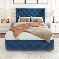 Кровать с мягкой обивкой 90*200см, решетчатым каркасом и изголовьем, обивка на пуговицах, обивка с шипами, деревянными ножками, бархат, синий — изображение 5