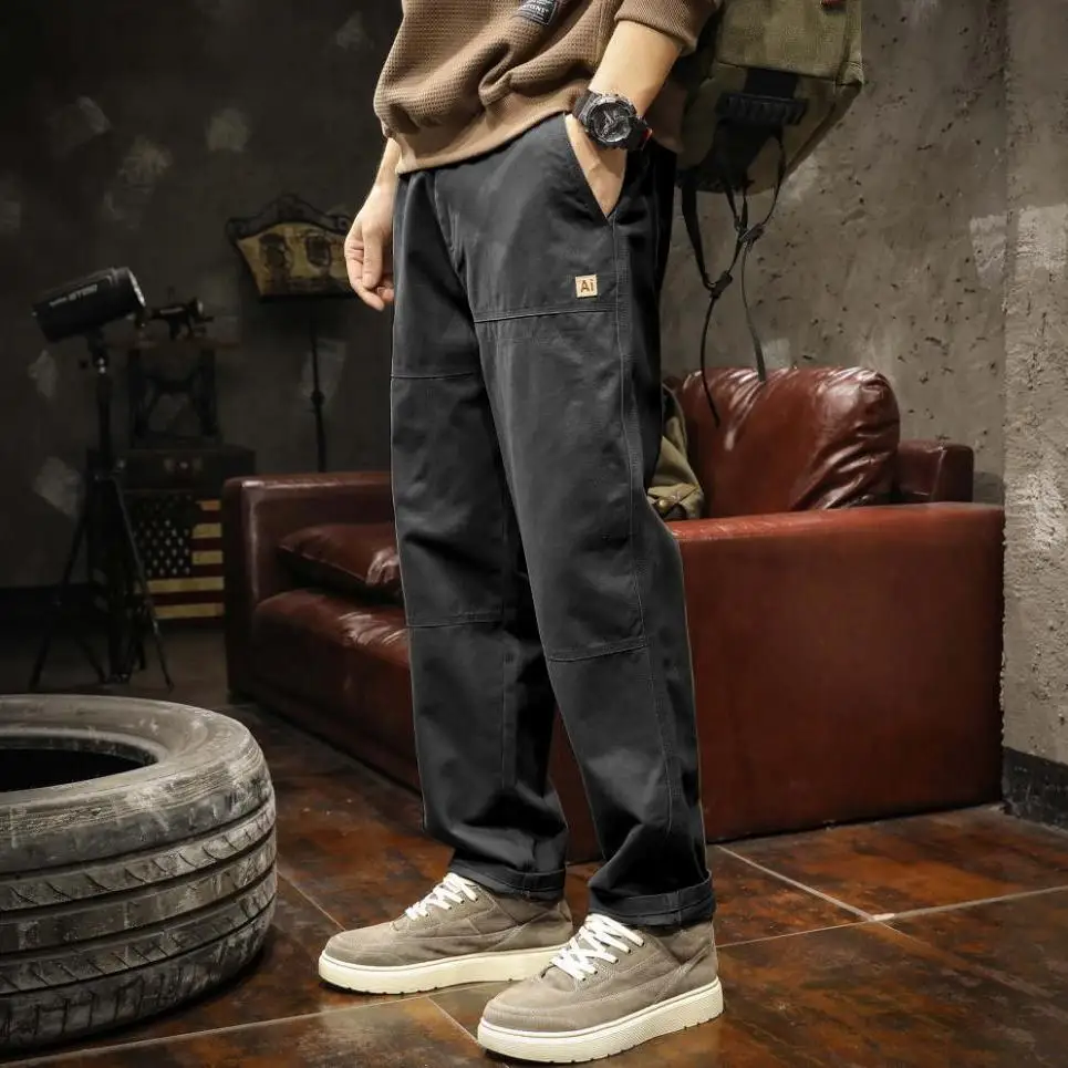 American Style Trend New Spring Casual Pants Men's Solid Pockets Badge Fashion Minimalist Safari Style Loose Wlde-waisted Pants