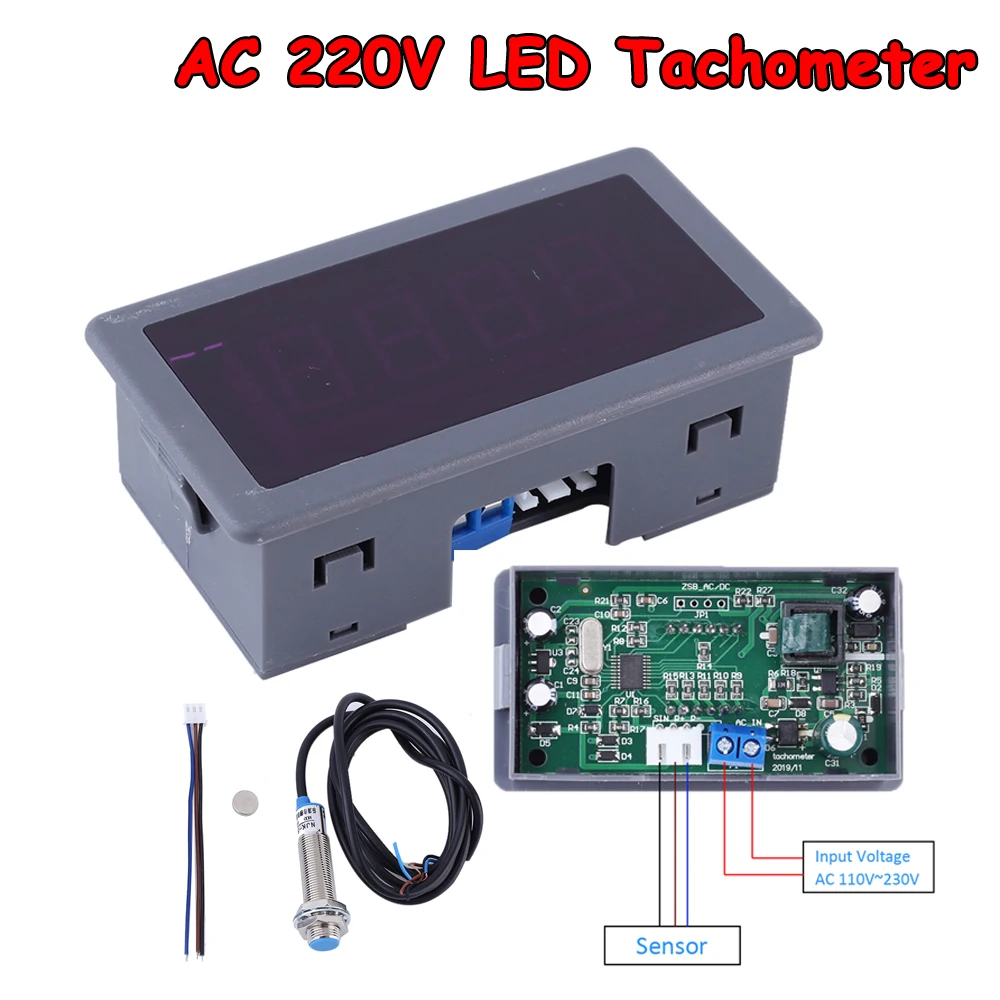 AC Tachometer 220V 110V 4-Digit LED Digital Display Motor Tachometer With Hall Sensor Magnet RPM Speed Meter