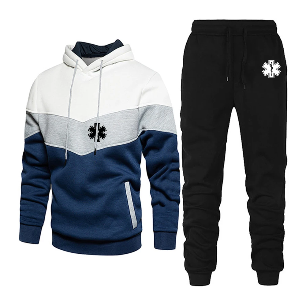 Men Spring Autumn Print Hoodie Top Trouser Set