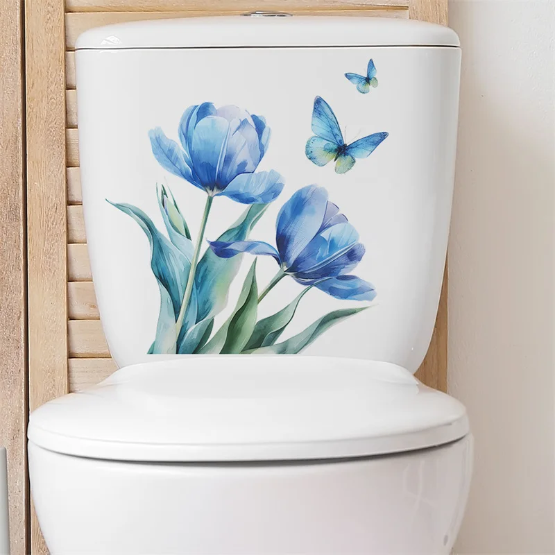 Tulip Butterfly Toilet Stickers WC Self Adhesive Wall Sticker Bathroom Toilet Lid Sticker Decal Mural For Bathroom Living Room