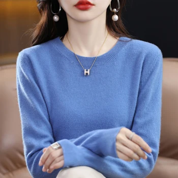 Alternative view of Women's 100% Pure Wool Cashmere Sweater O-Neck Pullover Knitted Casual Sweater Winter New  Long-Sleeved Warm High-Grade Jumper
