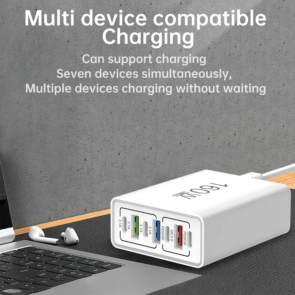160W 7-Port USB C Charger Fast Charging Station PD QC3.0 Wall Adapter EU/US Plug For iPhone Samsung Xiaomi Huawei Travel Charger