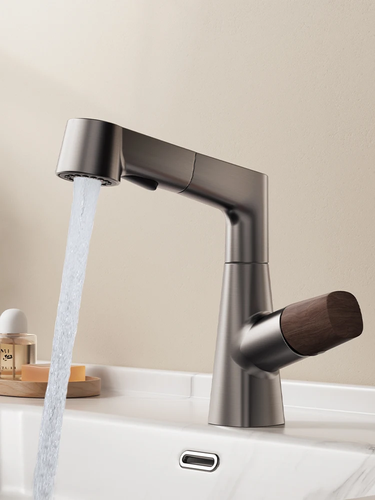 ก๊อกน้ำห้องน้ำ ดีไซน์หรูหรา สีเทาปืน ก๊อกอ่างล้างหน้า ก๊อกอ่างล้างหน้าแบบดึงออกได้ ก๊อกน้ำร้อนน้ำเย็น G3/8G1/2 1