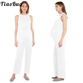 Maternity Casual Jumpsuits Sleeveless Front Zipper Drawstring Waist Straight-Leg Bodysuit with Pockets Pregnant Women Clothing