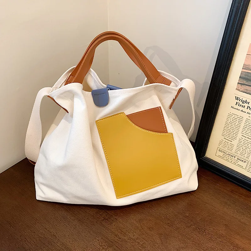 

Korean Large-Capacity Canvas Tote Bag for Women, Casual Shoulder Bag, Niche Design, Contrast Color, Portable Crossbody Bag