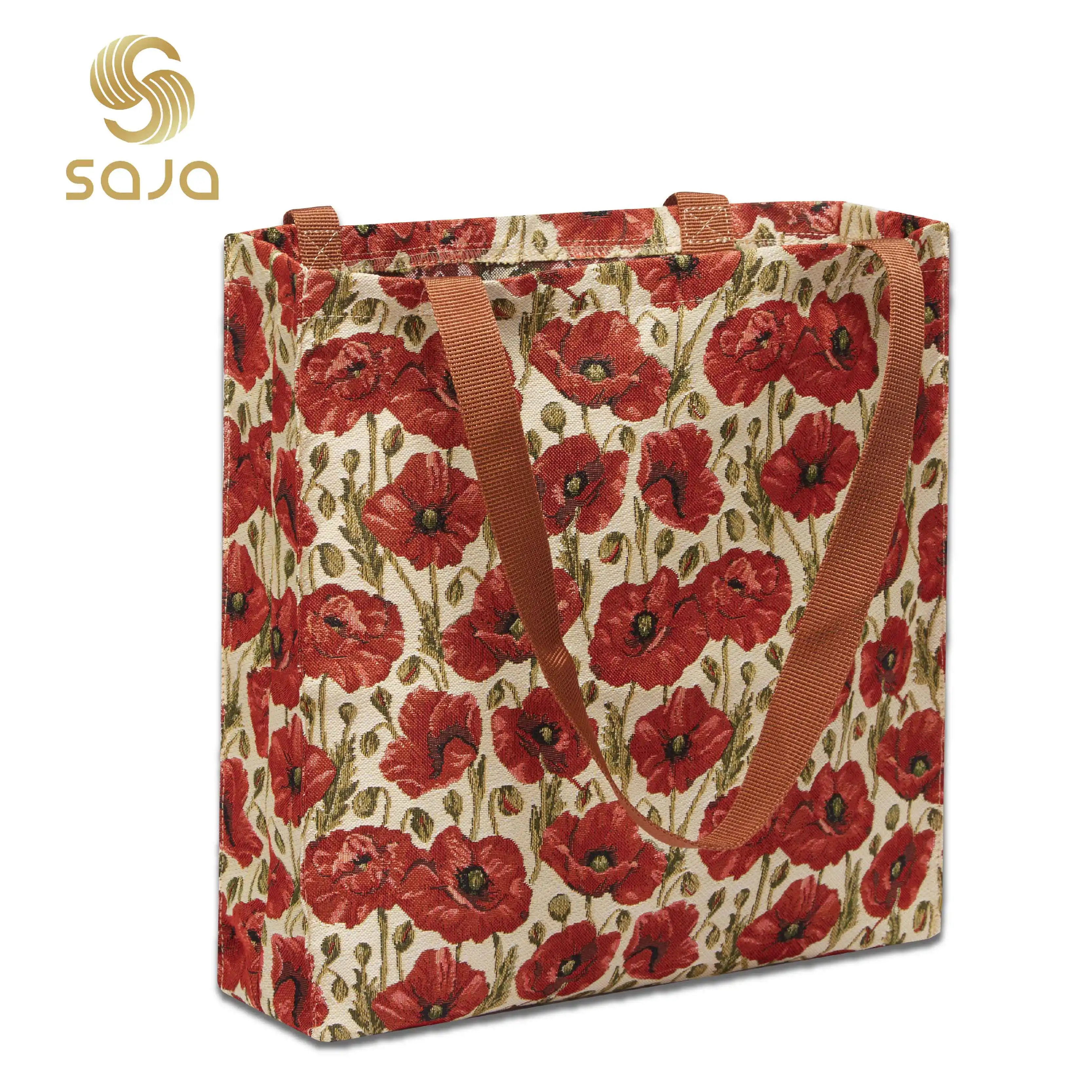 SAJA Foldable Shopping Bag Large Capacity Tote Bag Woman's Shoulder Bags Poppy Flower Female Gril Beach Grocery Bag for Travel