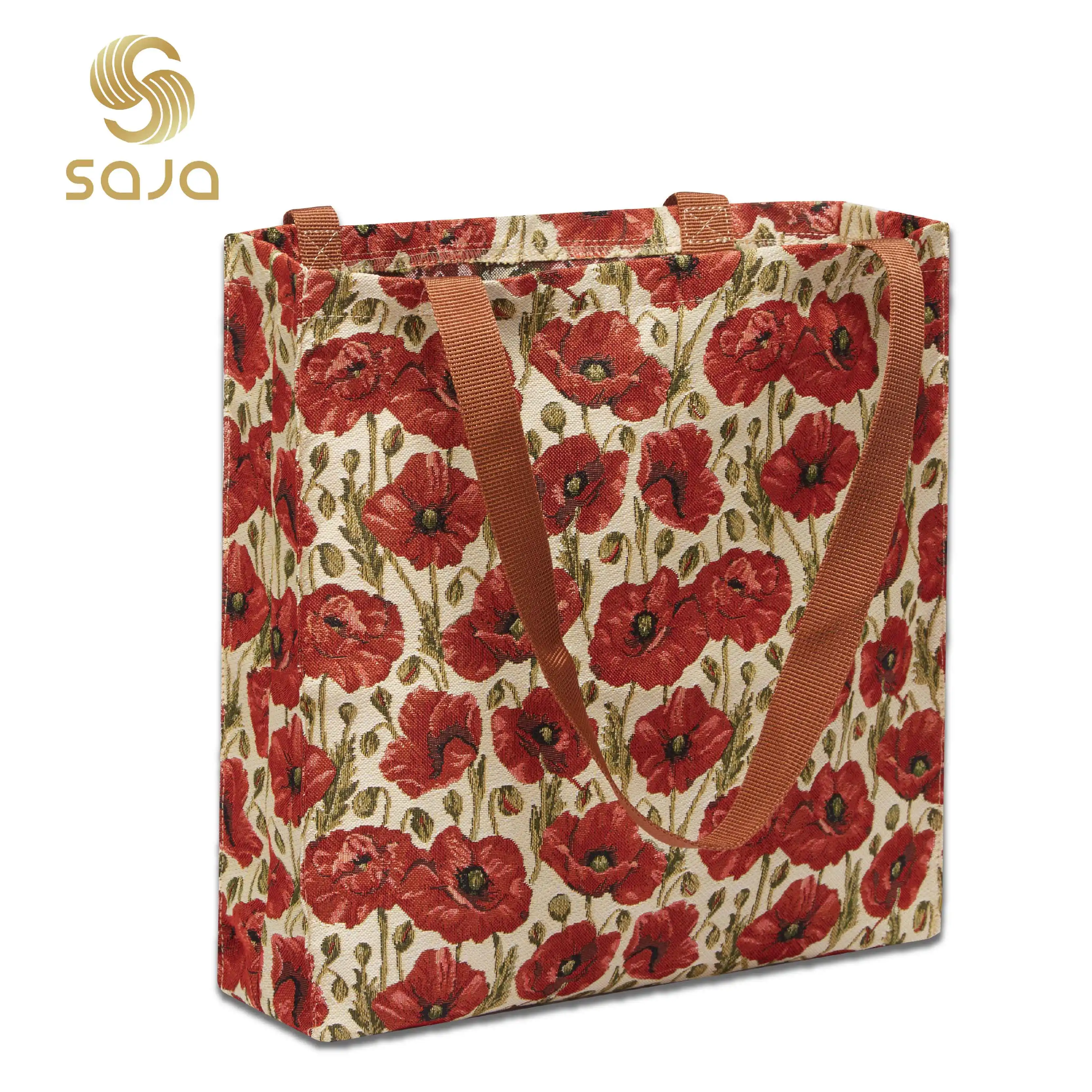 SAJA Foldable Shopping Bag Large Capacity Tote Bag Woman's Shoulder Bags Poppy Flower Female Gril Beach Grocery Bag for Travel solid wood flower stand storage organizer foldable multifunctional bulkhead bracket bookshelf grocery garden balcony