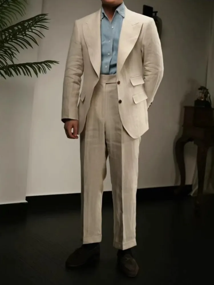 British Style Vintage Office Mens Business Casual Linen Suits Sets Slim Fit Blazers High Waist Straight Pants Men Two Piece Set