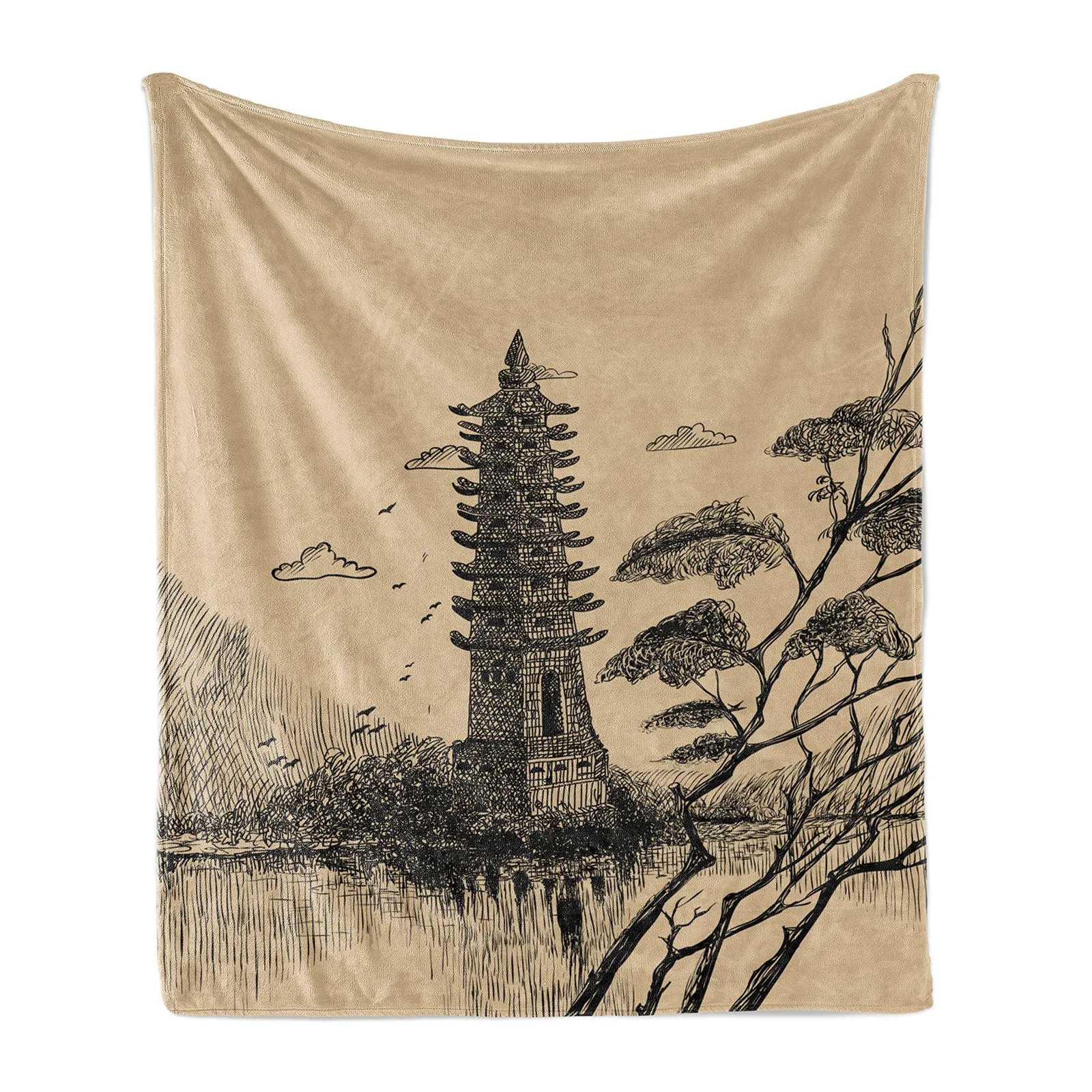 

CLOOCL Retro Blankets Art Landscape Ancient Pagoda Printed Flannel Thin Blanket for Sofa Travel Camping Air Conditioning Quilt