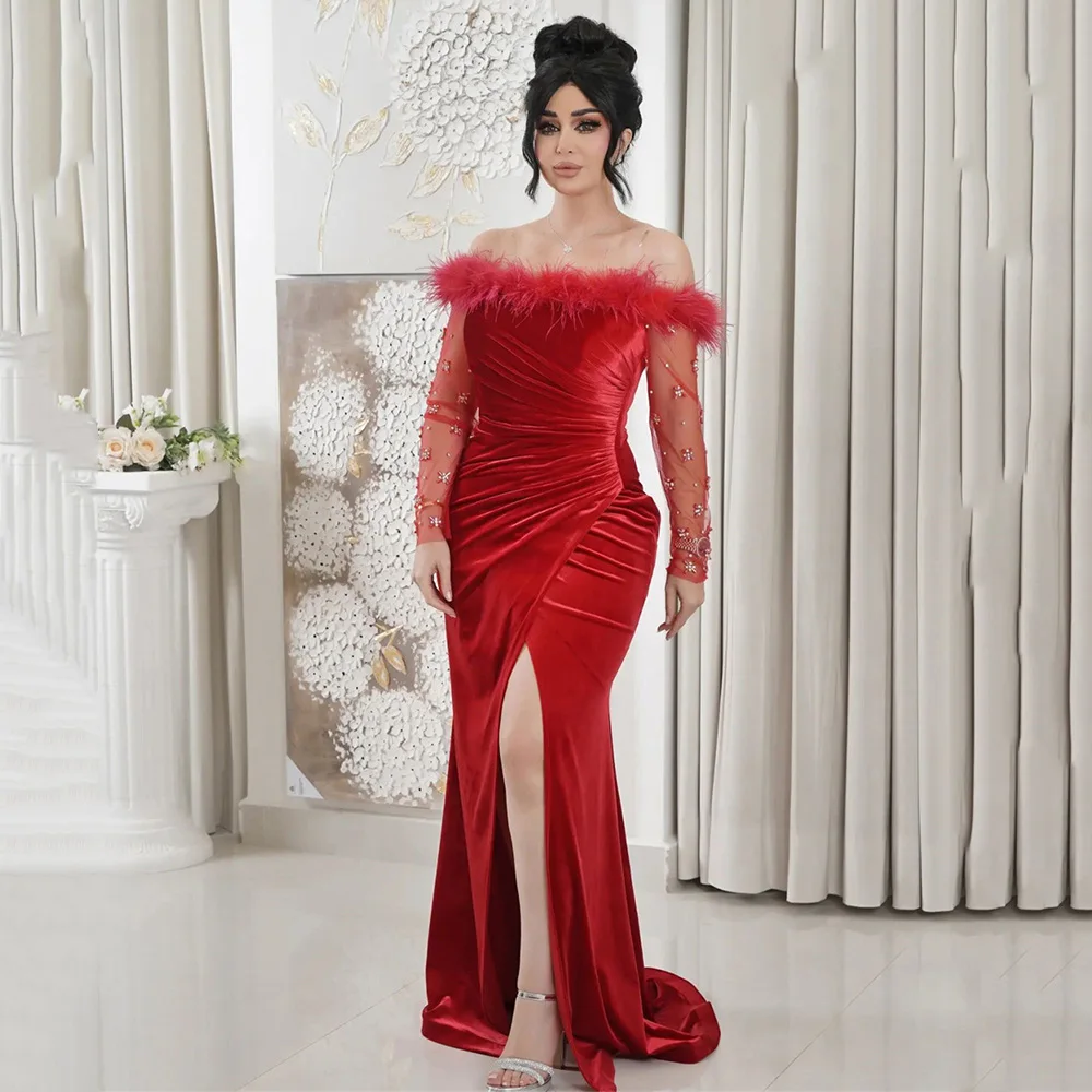 

Exquisite Off Shoulder Feathers Backless Evening Dresses Boar Neck Long Sleeve Velour Party Dress Sexy Sheath Slit Prom Gown