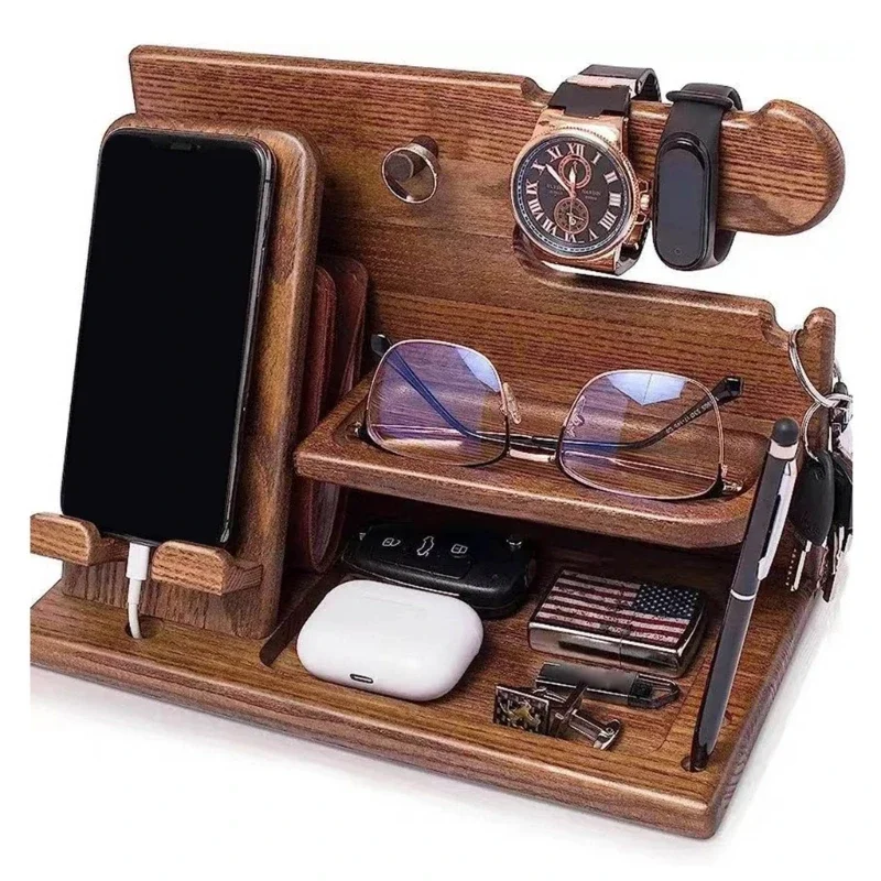 Wooden Bedside Wood Phone Docking Station Holder Wallet Stand Watch Storage Rack Valentines Multifunctional