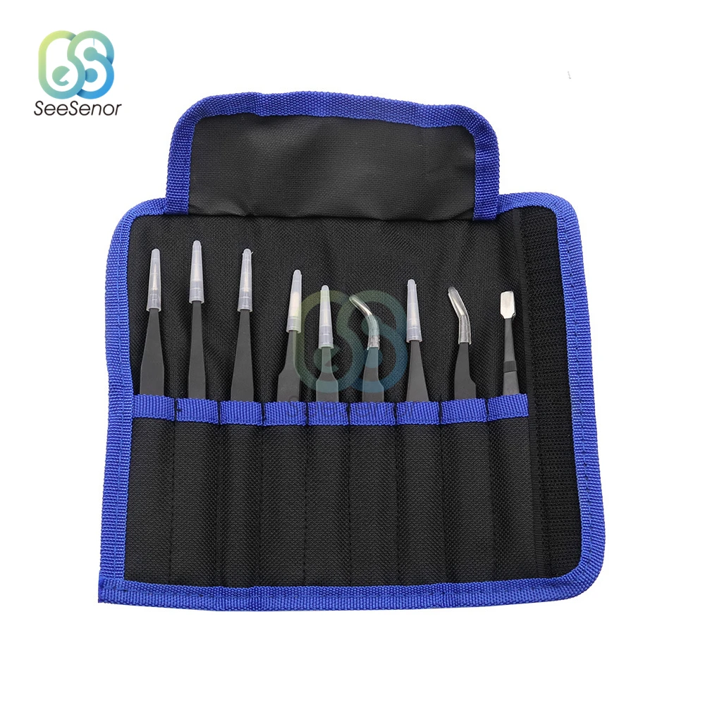 9 in 1 Tweezers Kit Anti Static Stainless Steel Forceps Hand Tools Set for Electronics Mobile Phone Repair BGA Work Tools precision tweezers tweezer tool esd anti static tweezers phone repair tweezers