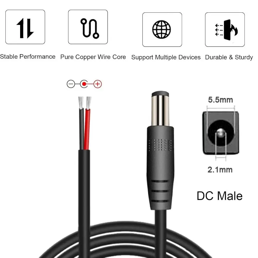 Premium Copper Power Supply Connector Cable | 18AWG 5.5x2.1mm Male-Female DC Connector | 7A Capacity