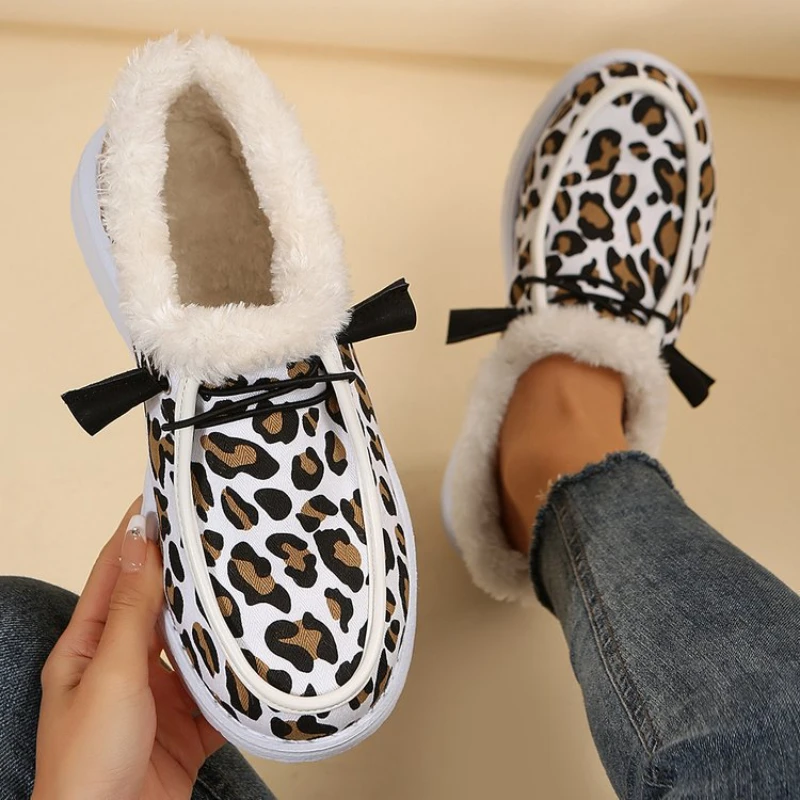 Leopard Print Cotton Shoes Women's Winter Flat Bottom Round Toe Snow Boots Lightweight Large Size Shoes Botas De Invierno Mujer