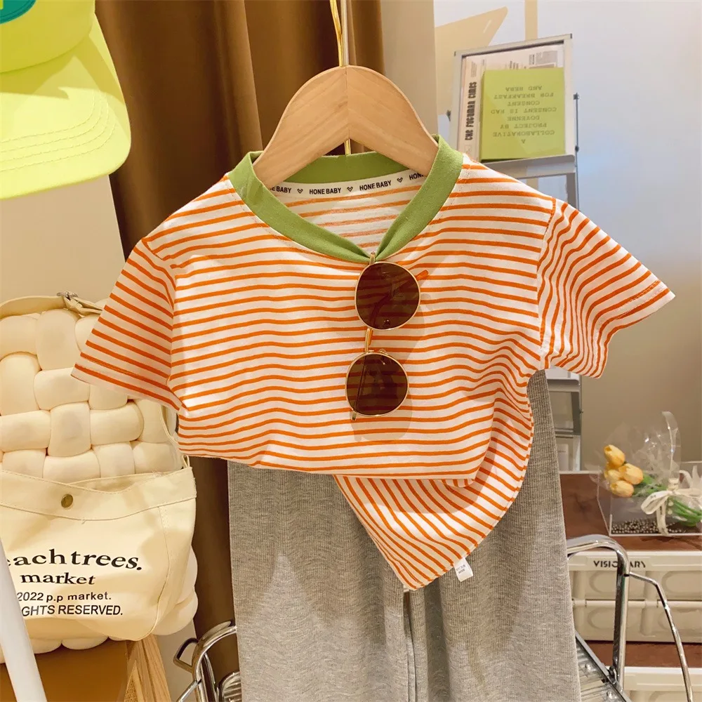 Children's Short-Sleeved Boys Girls 2024 Summer New Striped T-Shirt Baby Thin Section Half-Sleeved Bottoming Shirt Casual Wear