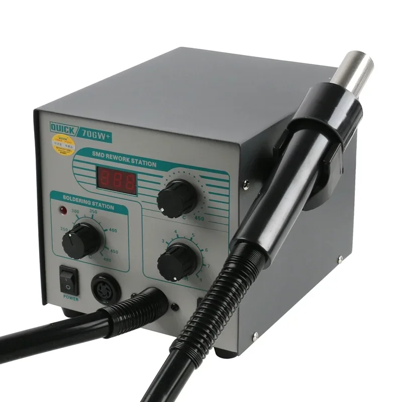 QUICK 706W+ 2 In 1 LED Display Adjustable Hot Air Rework Station Soldering Station Lead-free Desoldering With 3 Nozzles