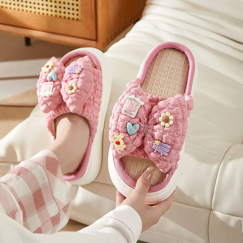 Hemp tow spring and summer cute bow female style outside the home to wear thick-bottomed latex linen slippers four seasons drag