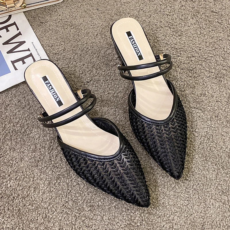 Strin Bead Pantofole Casual Tacco quadrato Scarpe Donna Tacchi a punta Diapositive Med Pantofle Block Hih Cover 2024 PU_voghion.com