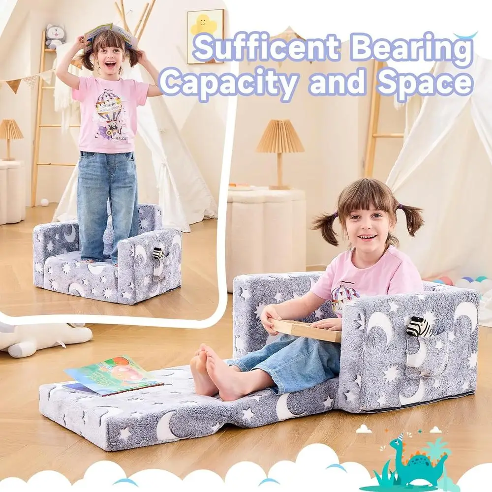 Toddler Couch 2 in 1 Folding Kids Sofa Glow in The Dark Comfy Sleeper Chair Plush Toddler Chair Indoor Kids Furniture 5
