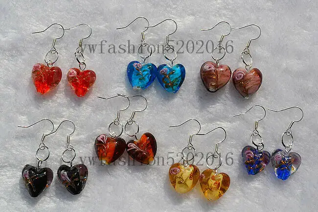

FREE wholesale lot 100Pairs Flower Heart murano glass bead Silver Plated earring