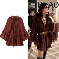 HXAO Woman 2025 Dress Ruffle Long Sleeve Mini Dress Summer Tie Fairy Short Dresses For Women Pleated Elegant Party Dresses 088