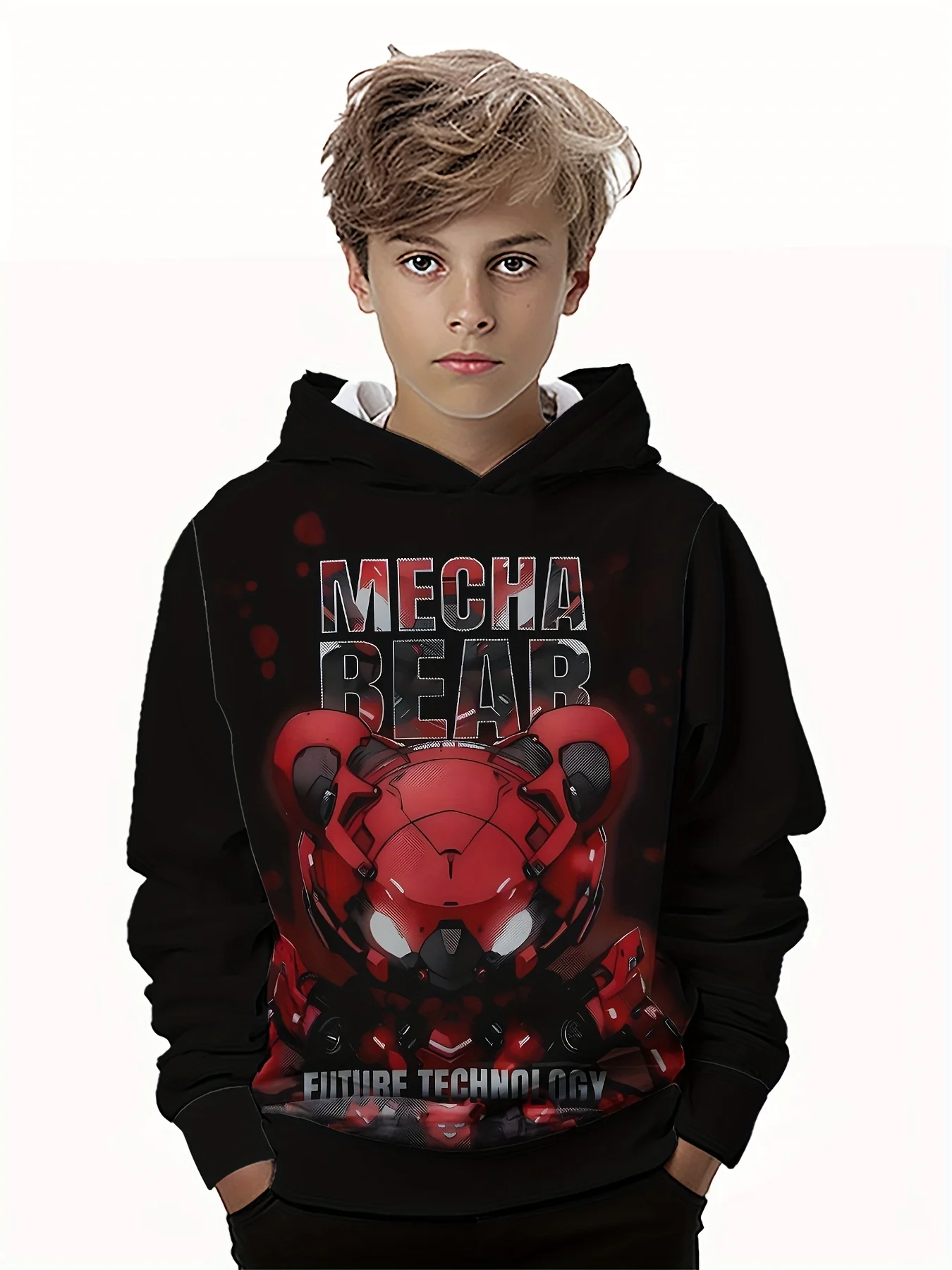 Smiling bpy wearing a colorful 3D hoodie with long sleeves, standing outdoors with playful energy black