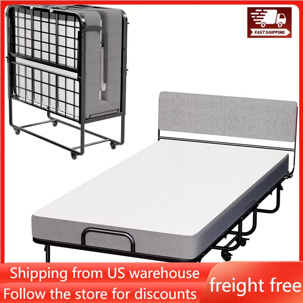 

Folding Bed with 5" Memory Foam Mattress, 75" X 39" Twin Guest Bed with Headboard, Portable Rollaway Bed with Sturdy Frame