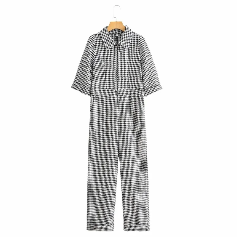 New Fashion Plaid Wide Leg Knitted Jumpsuit Women's Winter Chic Zipper 3/4 Sleeve Pocket Jumpsuit Workwear Plaid 2023