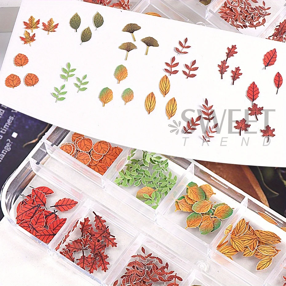 12 Grids Autumn Faux Maple Leaves Nail Sequins Set Simulated Fall Leaf Flakes Design Decor DIY Charm Manicure Accessories Slices