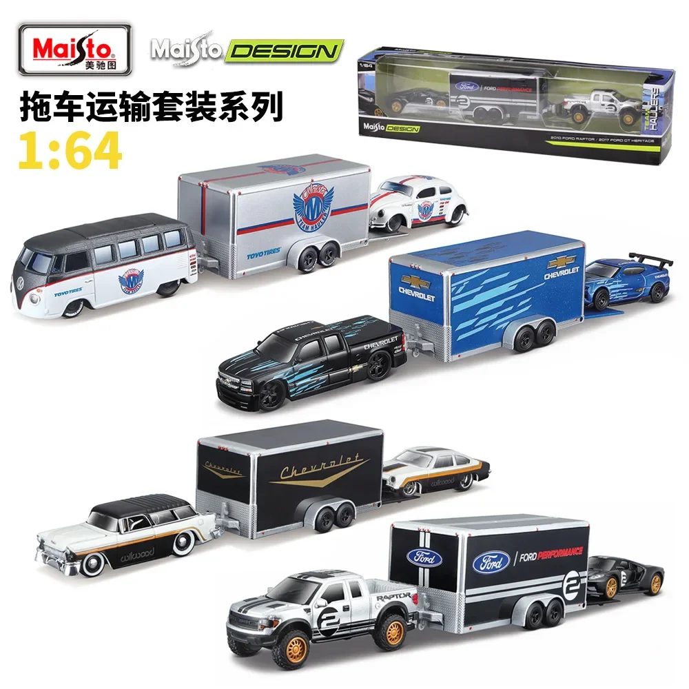Maisto 1:64 Design Team Haulers Volkswagen Van Samba Car Trailer Volkswagen Beetle Car Model Collection Gift Toy Boy
