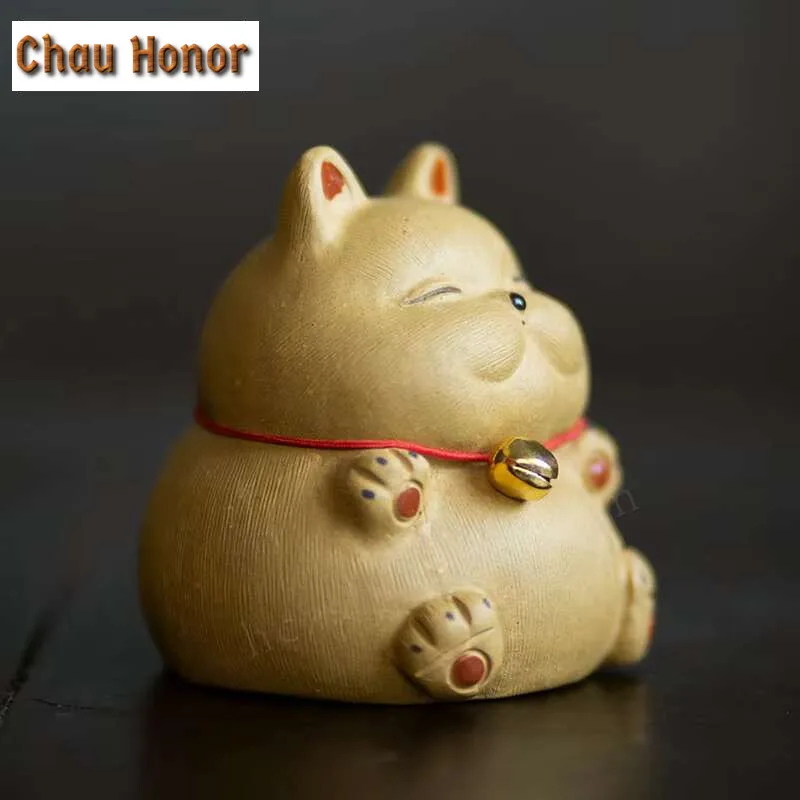 Boutique Purple Clay Tea Pet Lucky Bellcat Figurine Sculpture Ornaments Handmade Crafts Chinese Tea Set Art Decoration Gifts