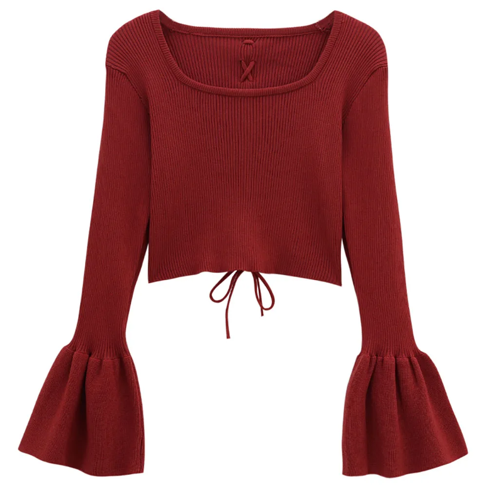 

Новинка весна-лето 2023, укороченные топы, модные женские топы с квадратным вырезом и расклешенными рукавами, универсальные облегающие однотонные короткие трикотажные изделия