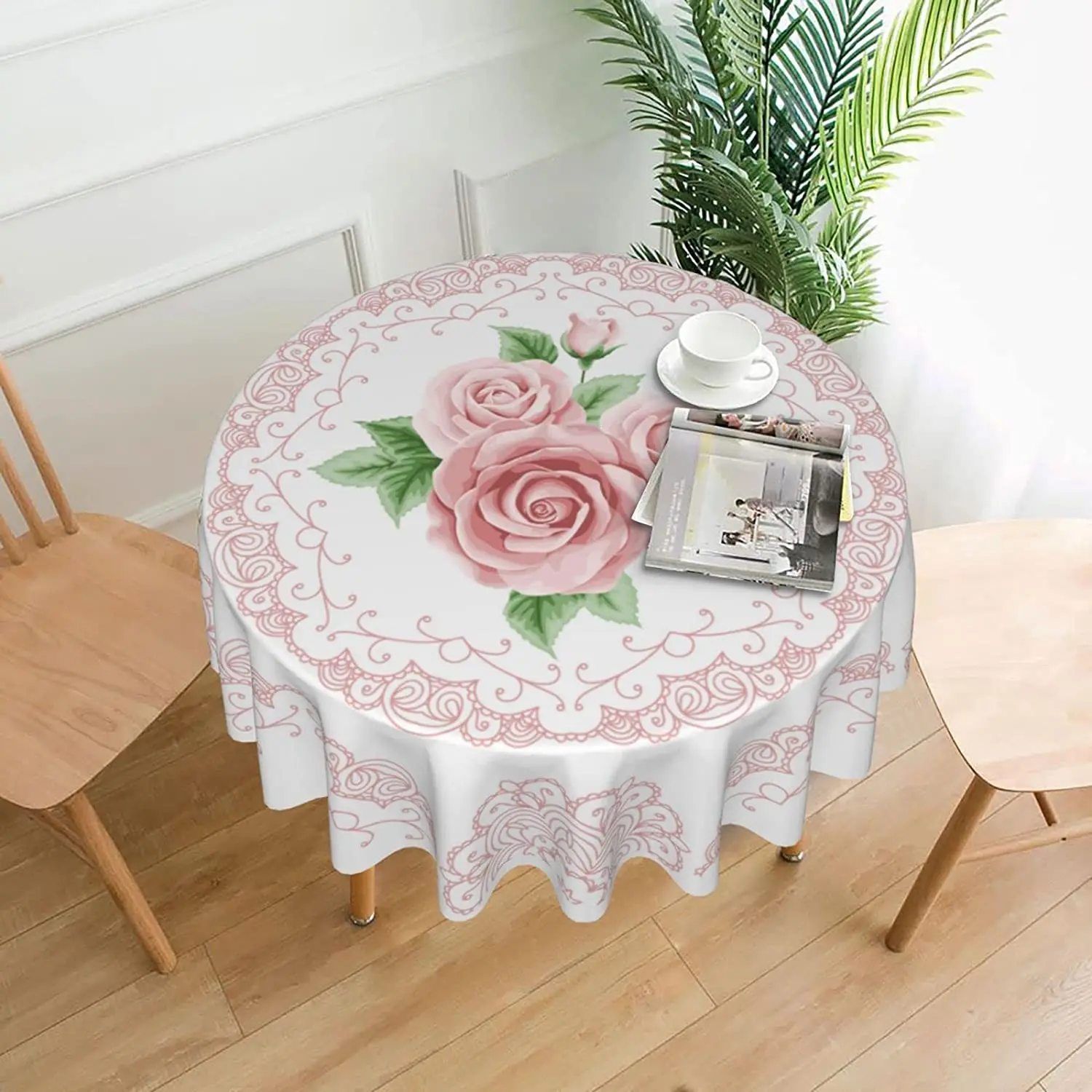 Nappe Toile cirée PVC Ronde, avec Motif Floral et Dentelle, Nappe