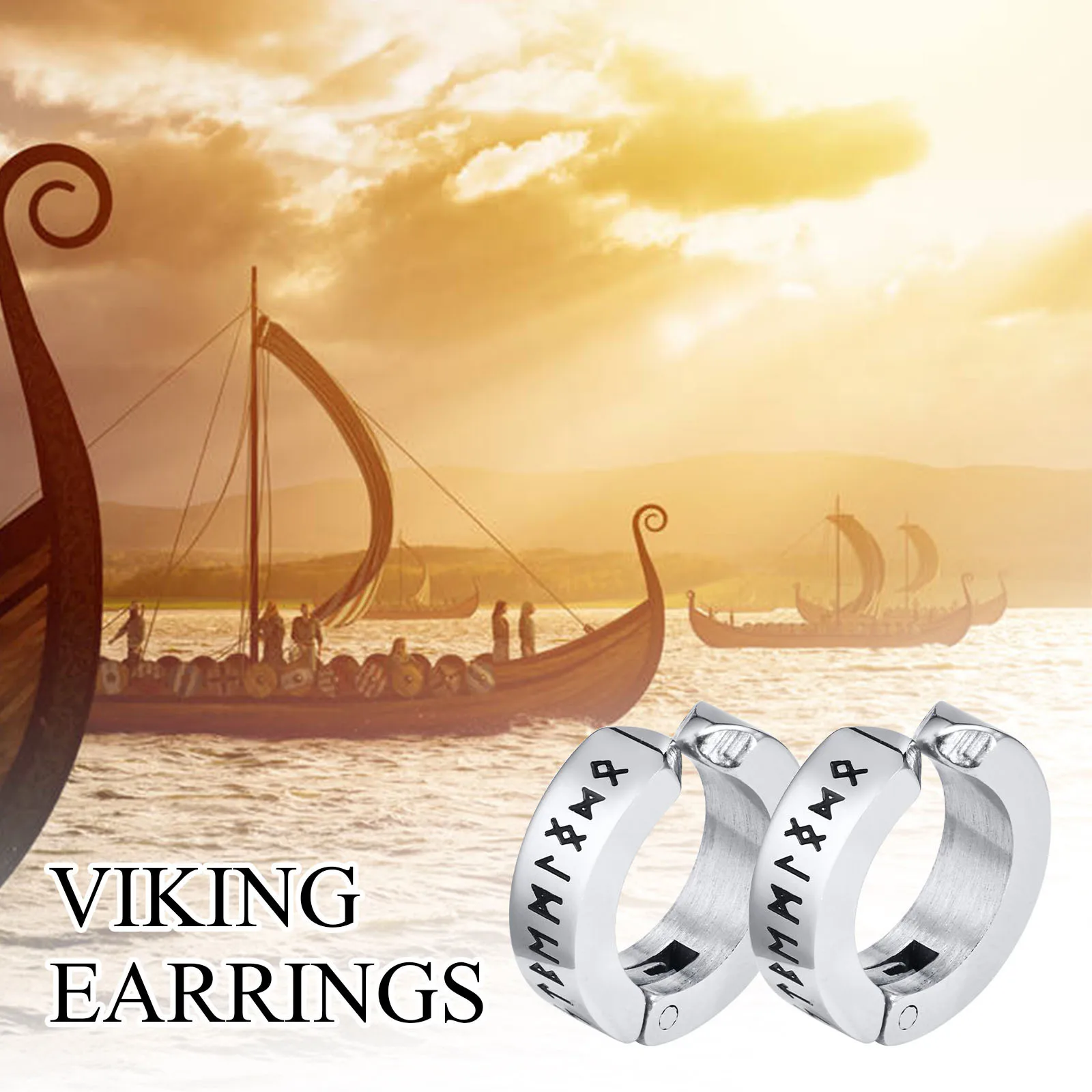Vnox Viking Runes Hoop Earrings for Men Non Pierced Clip Earrings Stainless Steel Odin Norse Viking Amulet Letter Words Huggie hoop earrings ear clip earrings clip earrings ear clip