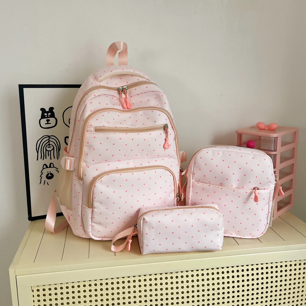 Charming Polka Dot 3-Piece Backpack, Crossbody Bag & Pencil Case Set - Large-Capacity Casual Travel Pack