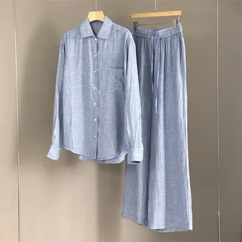 25 Spring/Summer New Women's Linen Collar Long Sleeve Shirt+Wide Leg Pants Two Piece Set 1