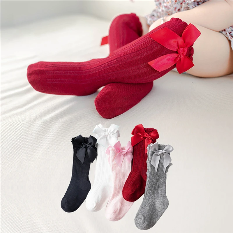 Kids Socks Baby Little Girls Breathable Cute Bowknot Knee High Children Tube Socks Fashion Bows Solid Color