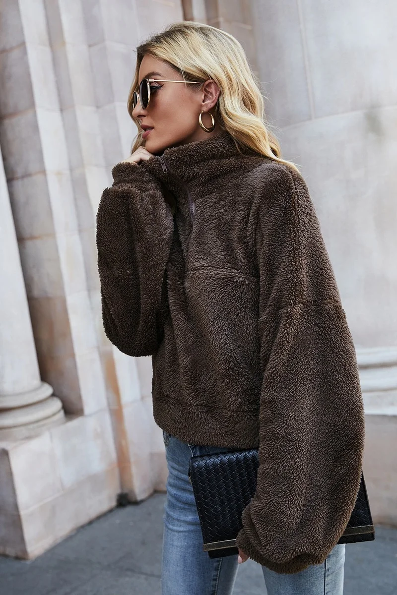 Autumn Winter Plush Thick Pullover Sweatshirts Women Stand Collar Half-Zipper Furry Pullover Casual Commute Coats Chic Warm Tops