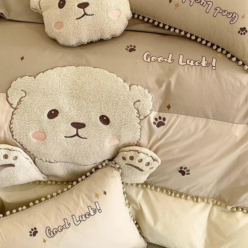 Cute Cartoon Bear Applique Embroidery 100% Cotton Child Bedding Set Single Quilt Cover Bed Comforter Cover Bed Sheet Pillowcases
