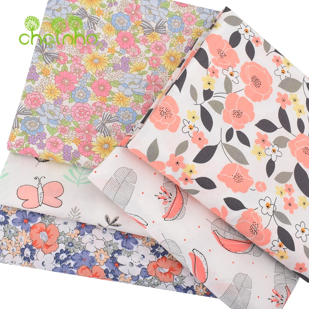 Chainho,Printed Twill Weave Cotton Fabric,DIY Sewing Quilting Material,Patchwork Cloth,5 Designs Pink Series,2 Sizes,15C200